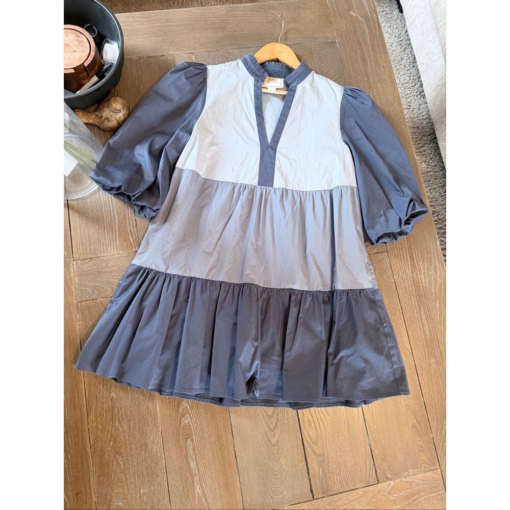 Emily McCarthy‎ Blue Colorblock Cotton Poplin Stella Dress Size XS